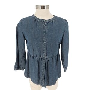 Garnet Hill Peplum Denim Jacket Linen 3/4 Sleeve Button Up Medium Wash 8